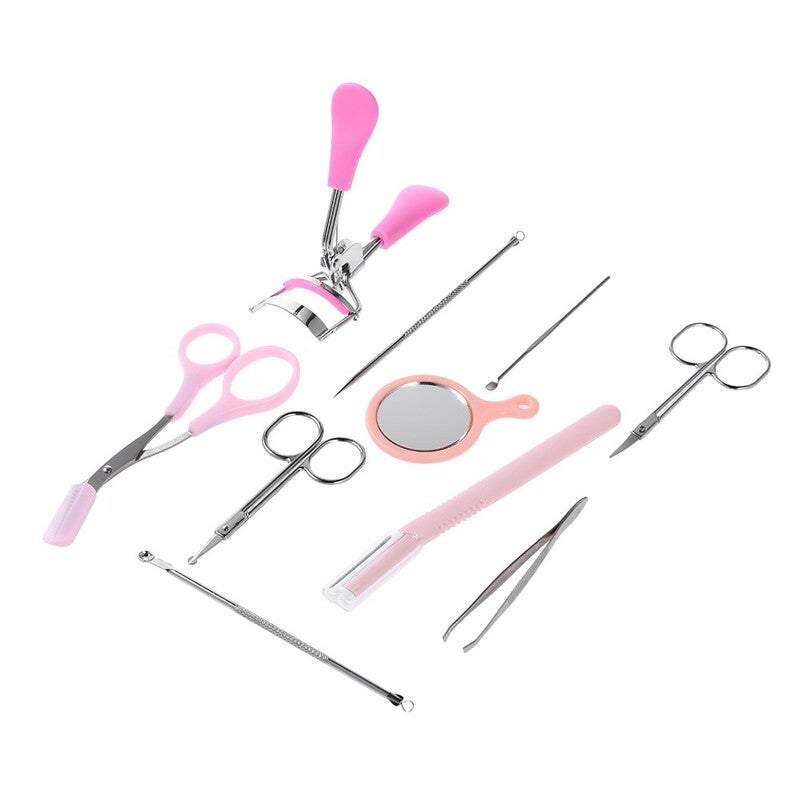 Eye Care 10Pcs Eyebrow Tools Kit Tweezers Razor Curler Mirror Earpick Acne Pin
