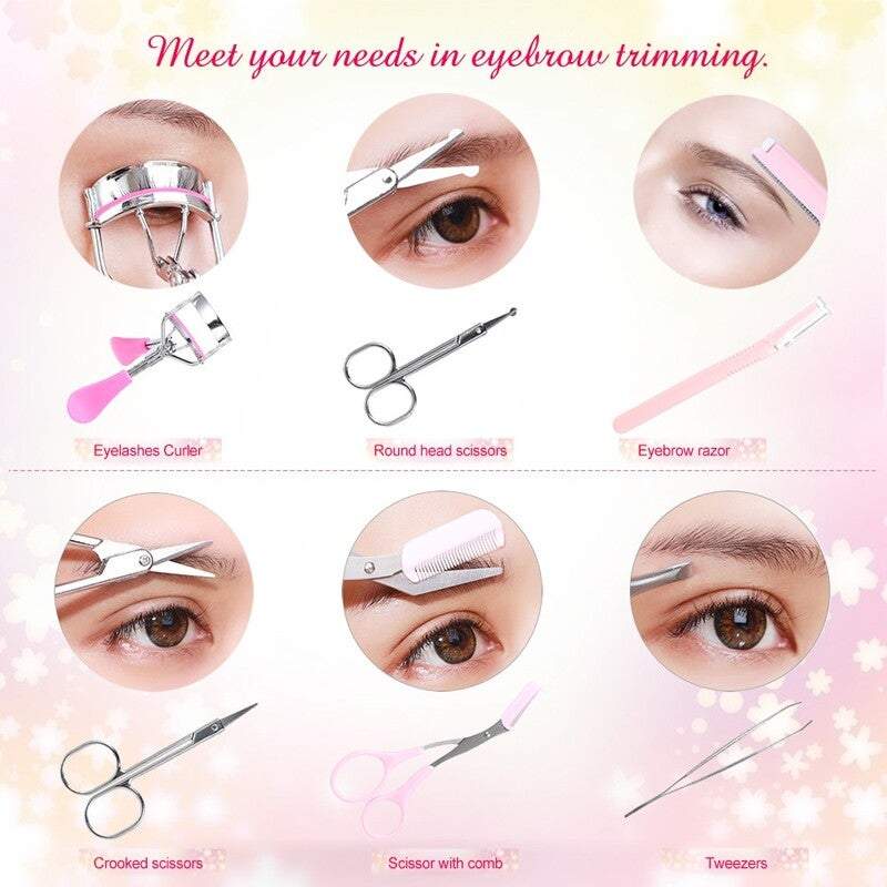 Eye Care 10Pcs Eyebrow Tools Kit Tweezers Razor Curler Mirror Earpick Acne Pin
