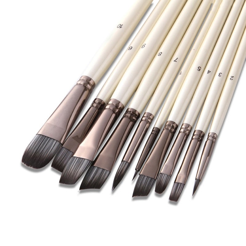 10Pcs Synthetic Nylon Hair Wood Paint Brushes Set For Artist Acrylic Gouache Oil Watercolor Painting Supplies