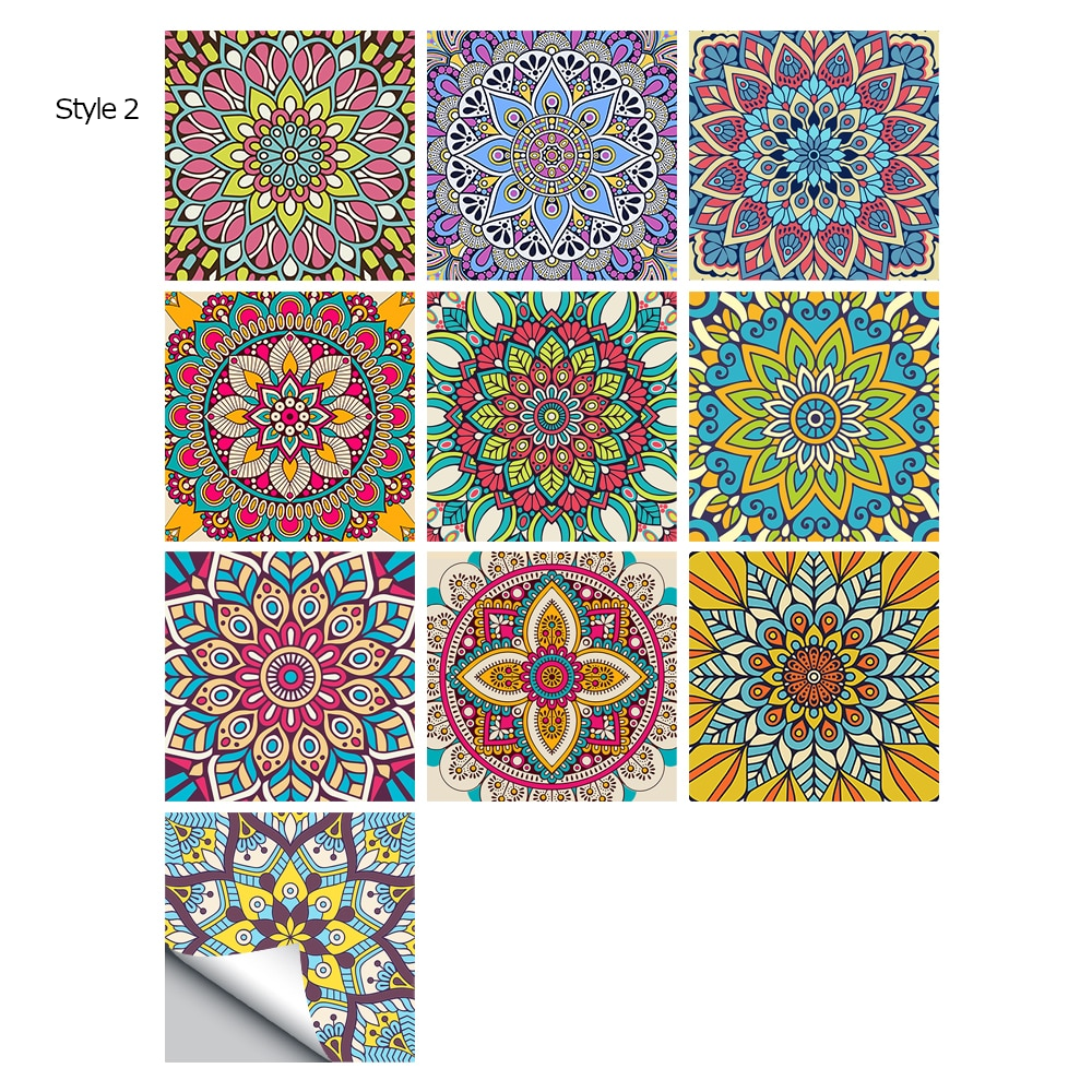 10Pcs/Set Mandala Crystal Hard Film Tiles Wall Stickers Kitchen Bathroom Wardrobe Decoration Art Mural Waterproof Pvc De