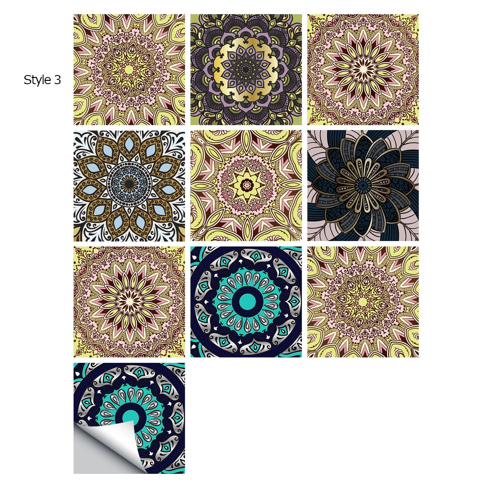 10Pcs/Set Mandala Crystal Hard Film Tiles Wall Stickers Kitchen Bathroom Wardrobe Decoration Art Mural Waterproof Pvc De