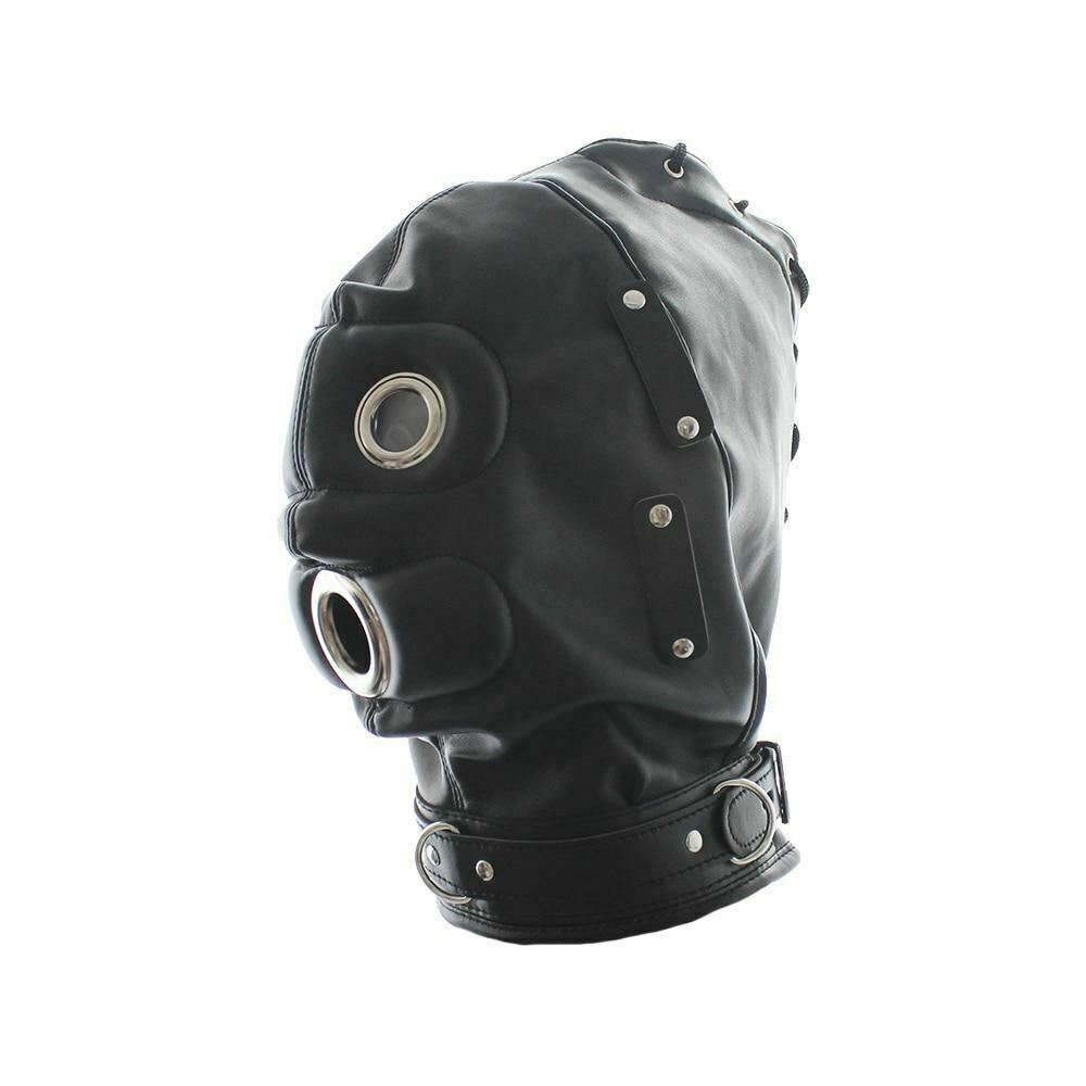 Black Full Hood Blindfold Dildo Gag Bdsm Sex Mask Headgear Fetish Kink