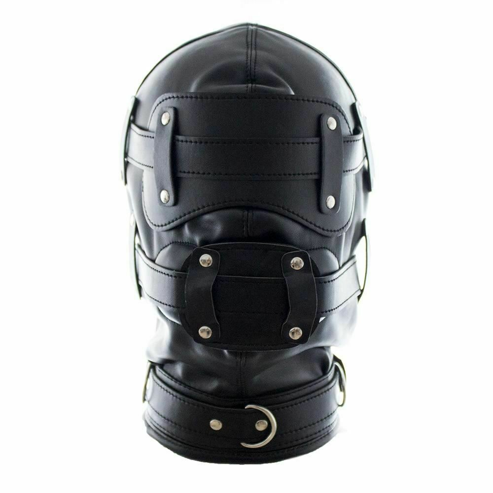 Black Full Hood Blindfold Dildo Gag Bdsm Sex Mask Headgear Fetish Kink