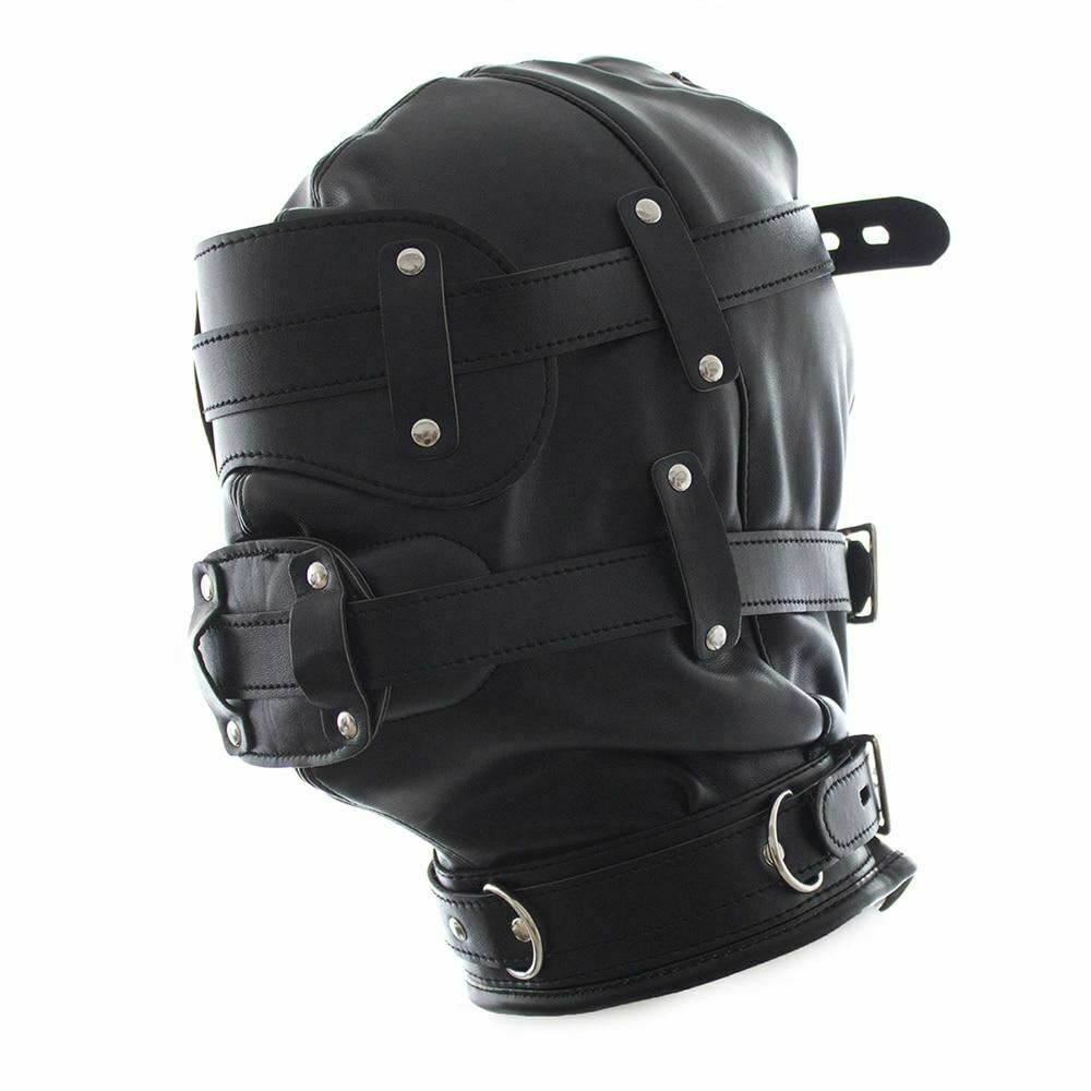 Black Full Hood Blindfold Dildo Gag Bdsm Sex Mask Headgear Fetish Kink