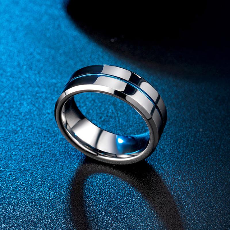 Blue Tungsten Gold Simple Mens Ring With Ribbon Wear Resistant Design