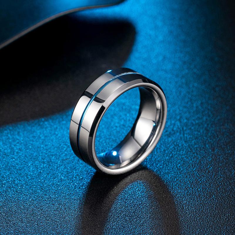 Blue Tungsten Gold Simple Mens Ring With Ribbon Wear Resistant Design