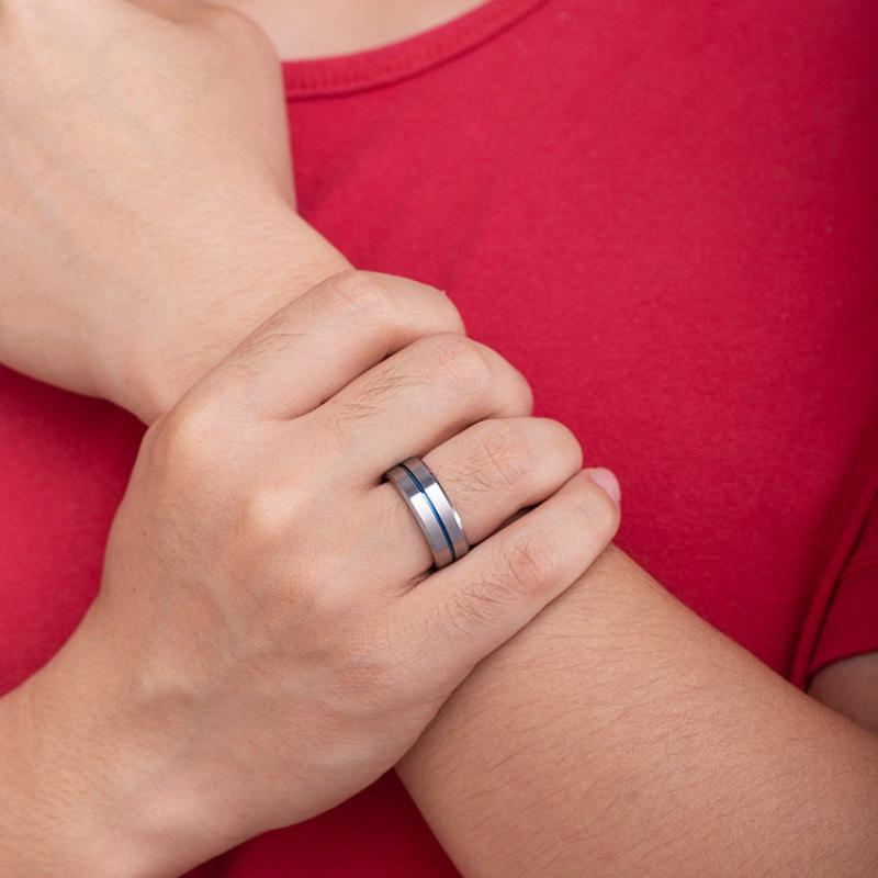 Blue Tungsten Gold Simple Mens Ring With Ribbon Wear Resistant Design
