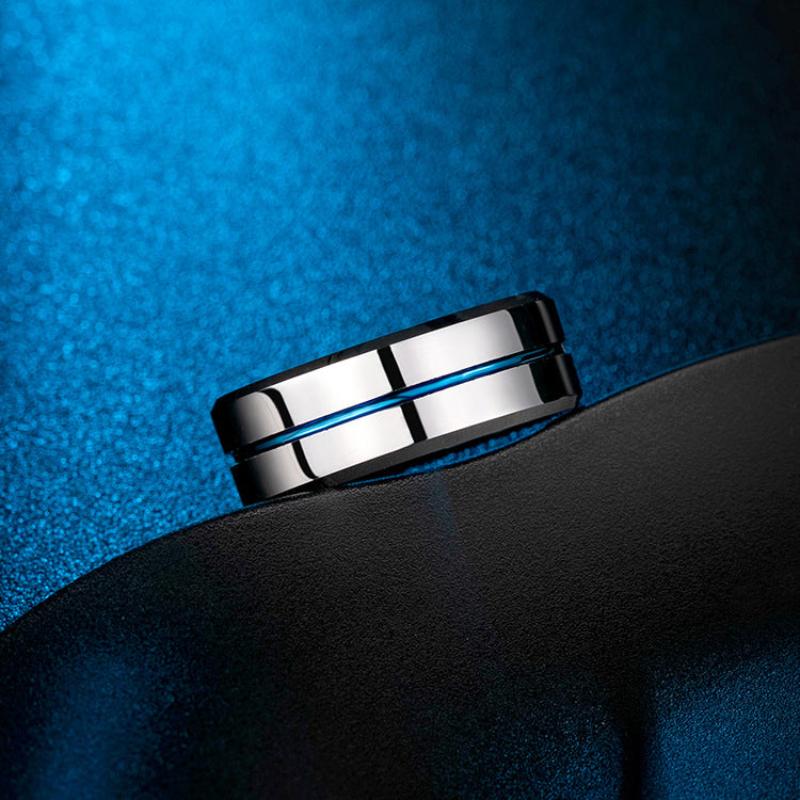 Blue Tungsten Gold Simple Mens Ring With Ribbon Wear Resistant Design