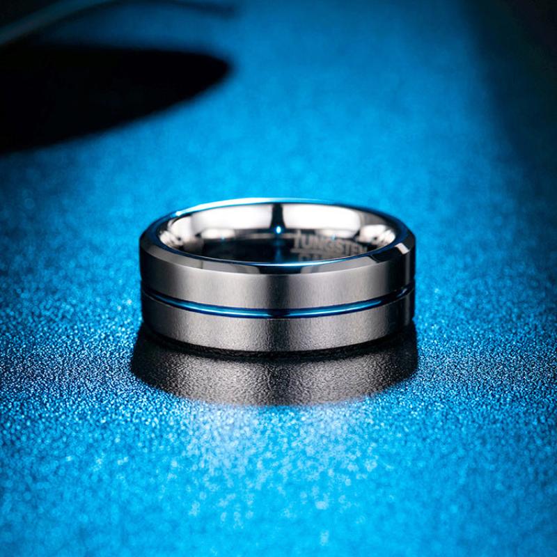 Blue Tungsten Gold Simple Mens Ring With Ribbon Wear Resistant Design
