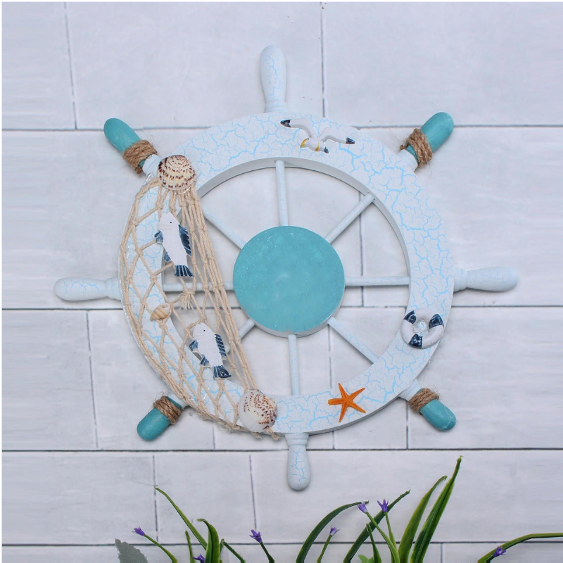 11'' Beach Boat Ship Steering Wheel Nautical Fish Net Shell Wall Decoration