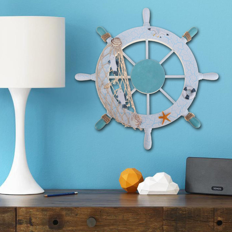 11'' Beach Boat Ship Steering Wheel Nautical Fish Net Shell Wall Decoration