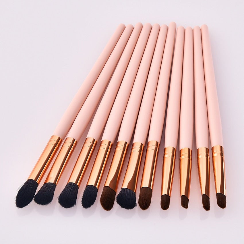 11 Pieces Pvc Pink Gold Wood Eyes Makeup Brushes Set Eyeshadow Eyebrow Lip Professional