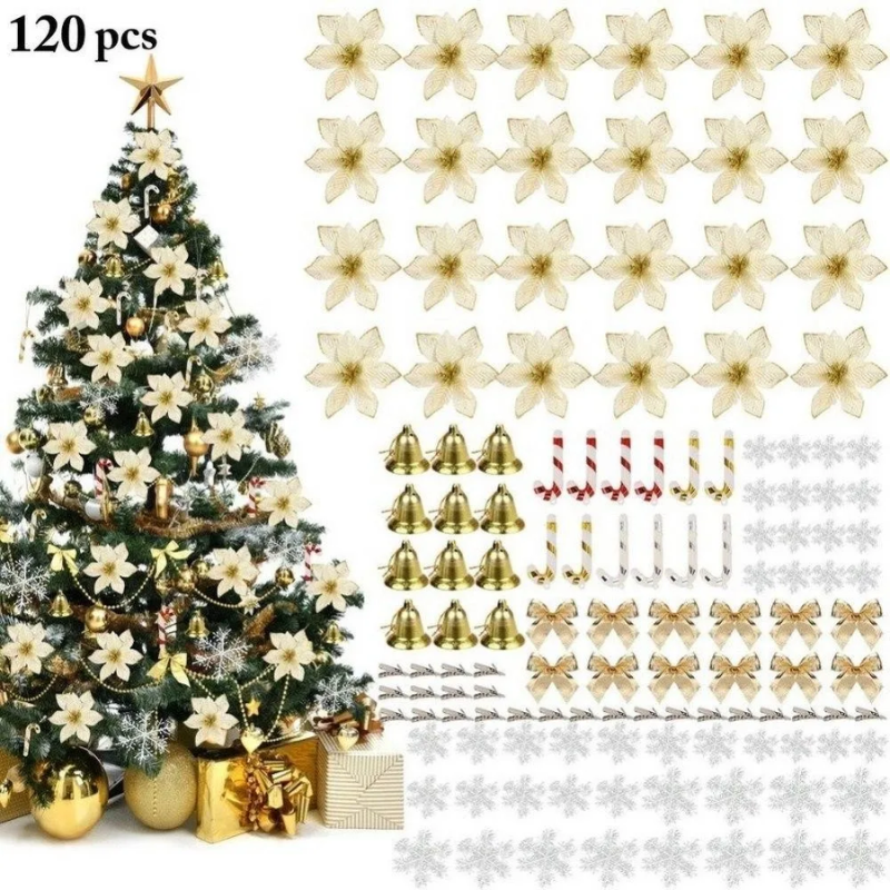 120Pcs Christmas Tree Decoration Flowers Ornaments Set Artificial With Clip Diy Decorations