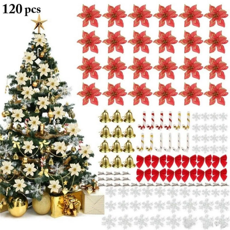120Pcs Christmas Tree Decoration Flowers Ornaments Set Artificial With Clip Diy Decorations