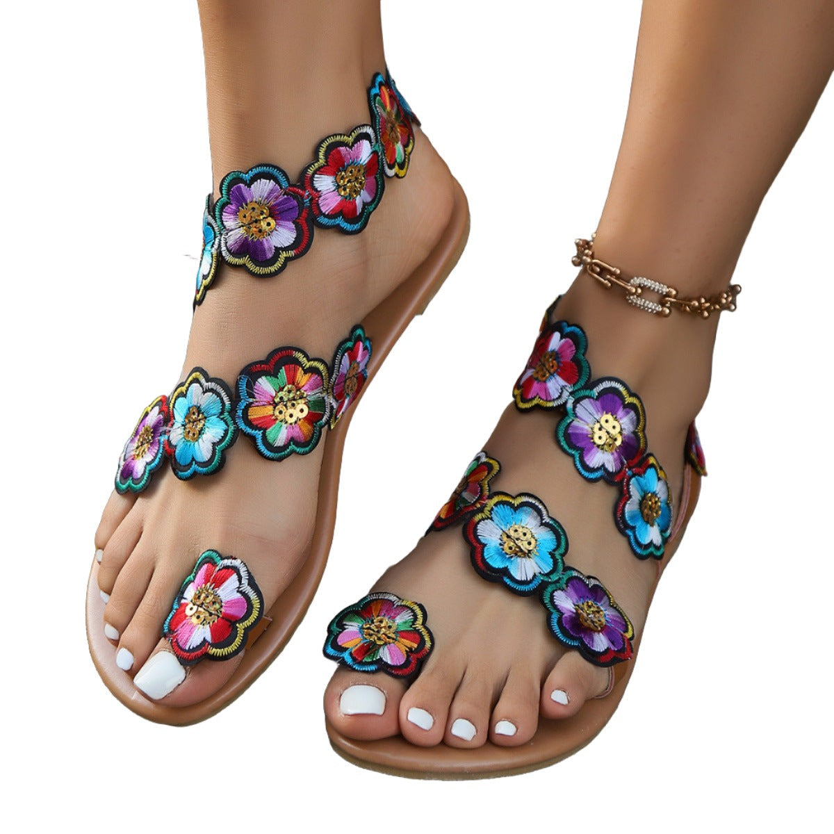 Ethnic Style Flowers Flat Sandals Summer Vacation Casual Clip Toe Beach Shoes For Women