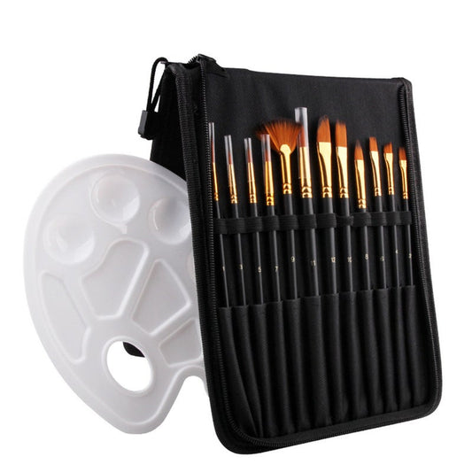 12Pcs Nylon Paint Brushes Pen Professional Oil Watercolor Paintbrush Set With Color Palette Pencil Case For School Suppl