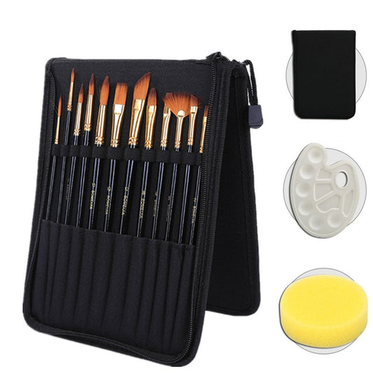 12Pcs Paint Brush Set Palette With Brushes Carrying Case For Watercolor Oil Acrylic Painting