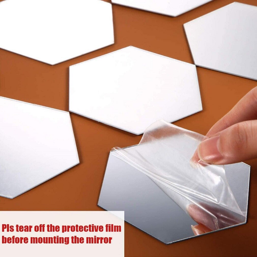 12Pcs 10Cm Mirror 3D Sticker Hexagonal Decoration Silver