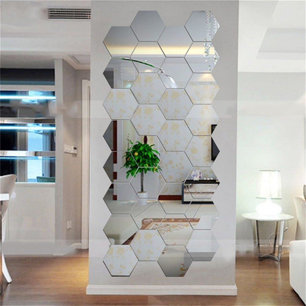 12Pcs 10Cm Mirror 3D Sticker Hexagonal Decoration Silver