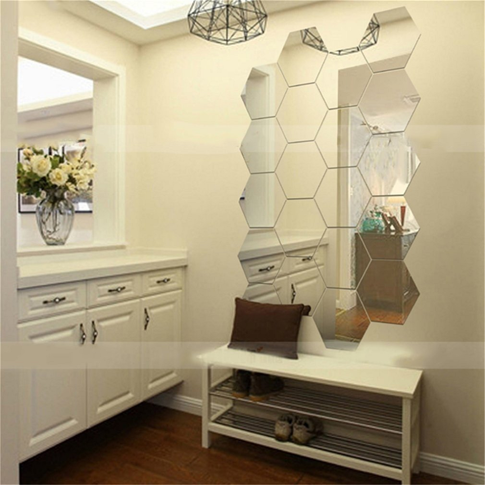 12Pcs 10Cm Mirror 3D Sticker Hexagonal Decoration Silver