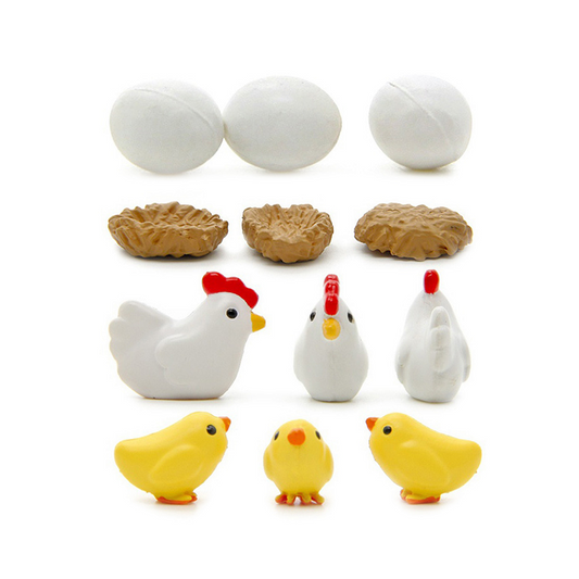 12Pcs Miniature Hen Chicken Family Egg Statue Figurine Doll House Garden Decor