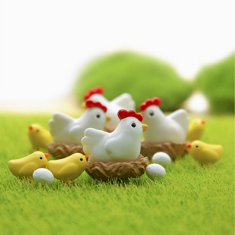 12Pcs Miniature Hen Chicken Family Egg Statue Figurine Doll House Garden Decor