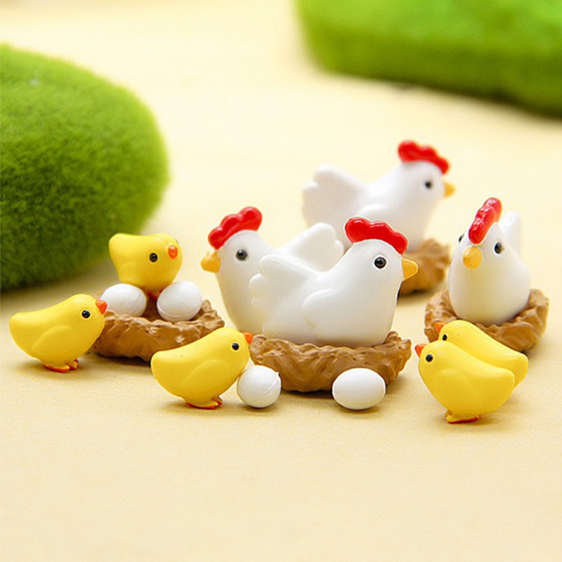 12Pcs Miniature Hen Chicken Family Egg Statue Figurine Doll House Garden Decor