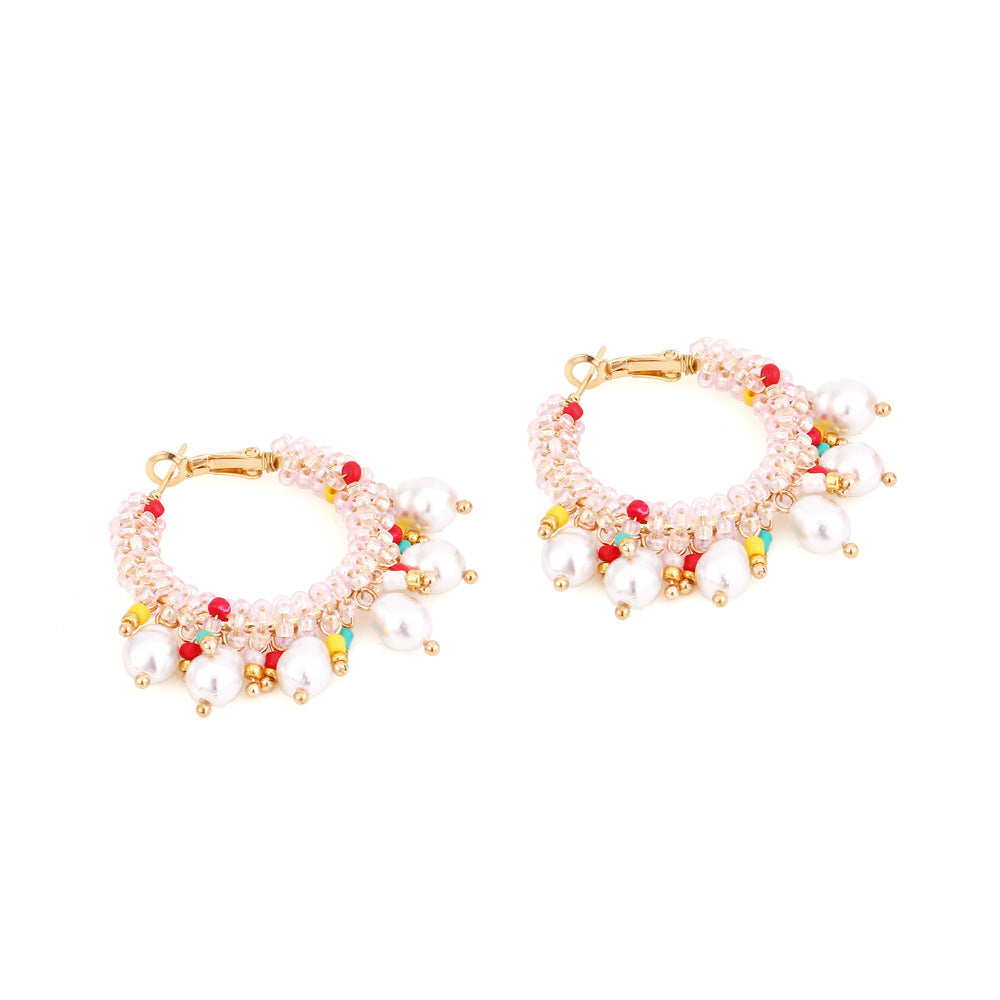 Bohemian Crystal Pearl Beaded Earrings Women Fashion Hoop Jewelry