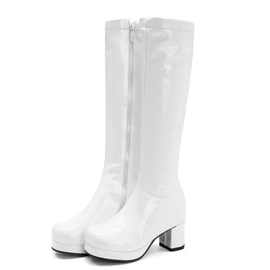 Reave Cat Autumn Candy Sweet Knee-High Boots Round Toe Square Heel Pu Zipper Big Size 33-46 Yellow Green Purple Orange S