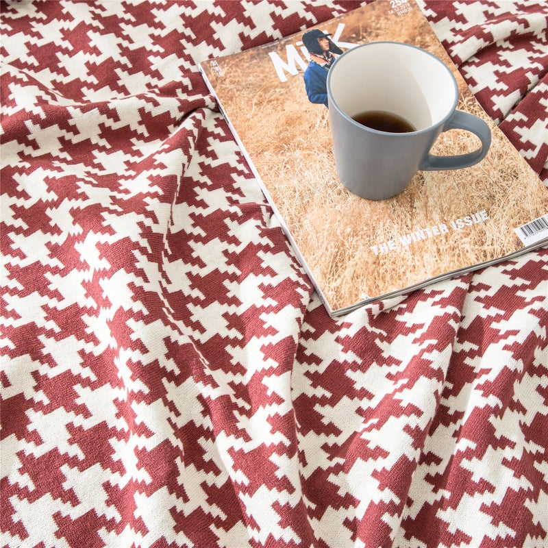 150X200cm Cozy Throw Blankets Classic Houndstooth Plaid Knitted Wine Red-White