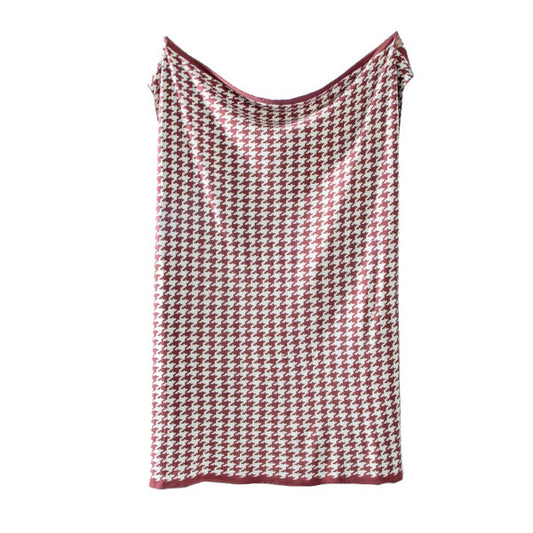 150X200cm Cozy Throw Blankets Classic Houndstooth Plaid Knitted Wine Red-White