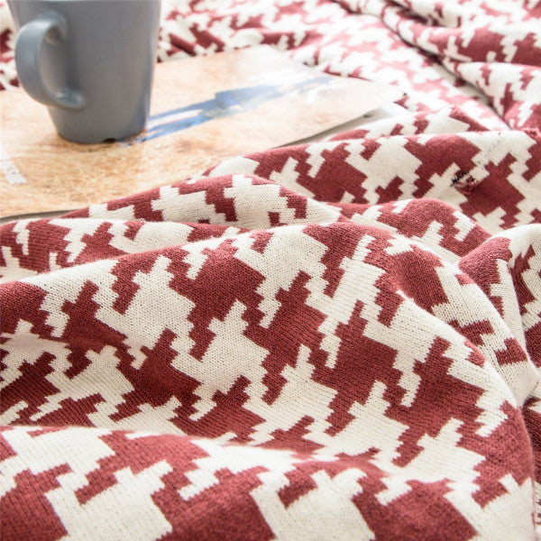 150X200cm Cozy Throw Blankets Classic Houndstooth Plaid Knitted Wine Red-White