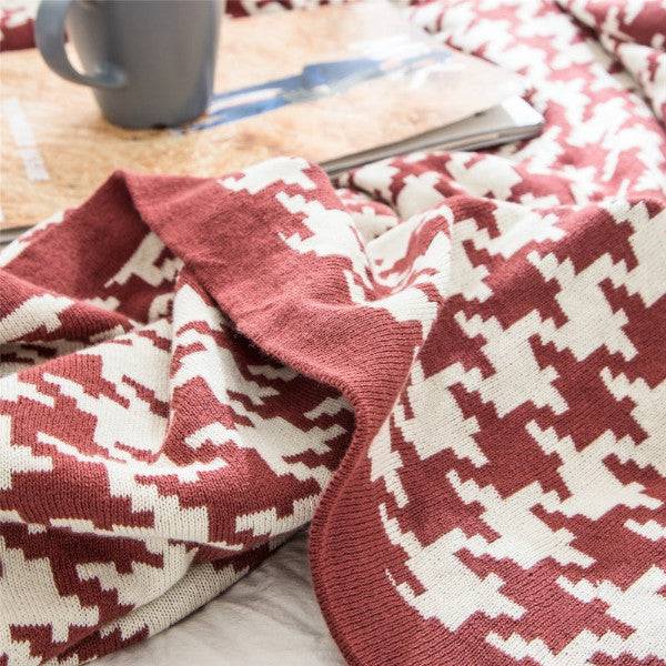 150X200cm Cozy Throw Blankets Classic Houndstooth Plaid Knitted Wine Red-White