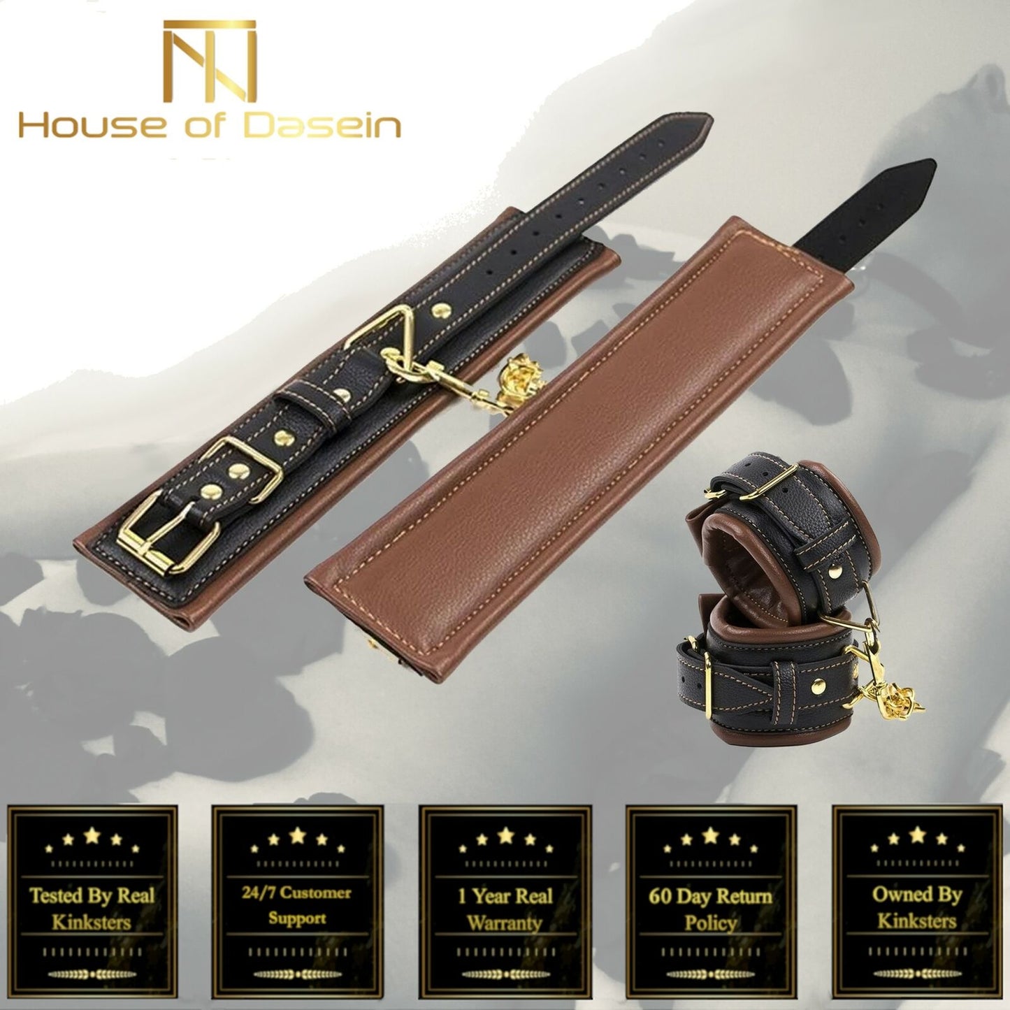 Brown Black Leather Wrist Handcuffs Bondage Kink Bdsm Fetish Restraints