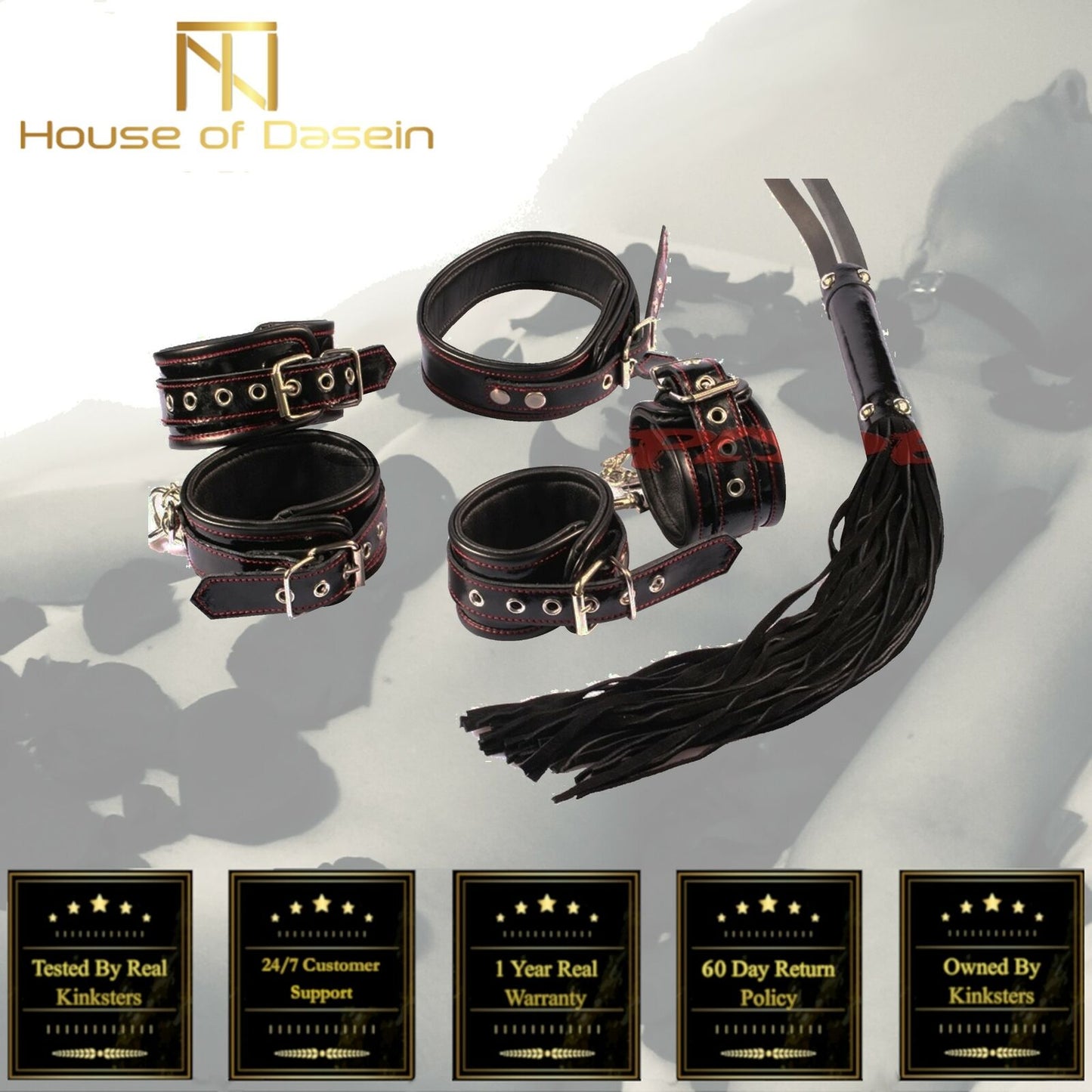 Real Leather Bondage Kit Cuffs Restraints Collar Flogger Bdsm