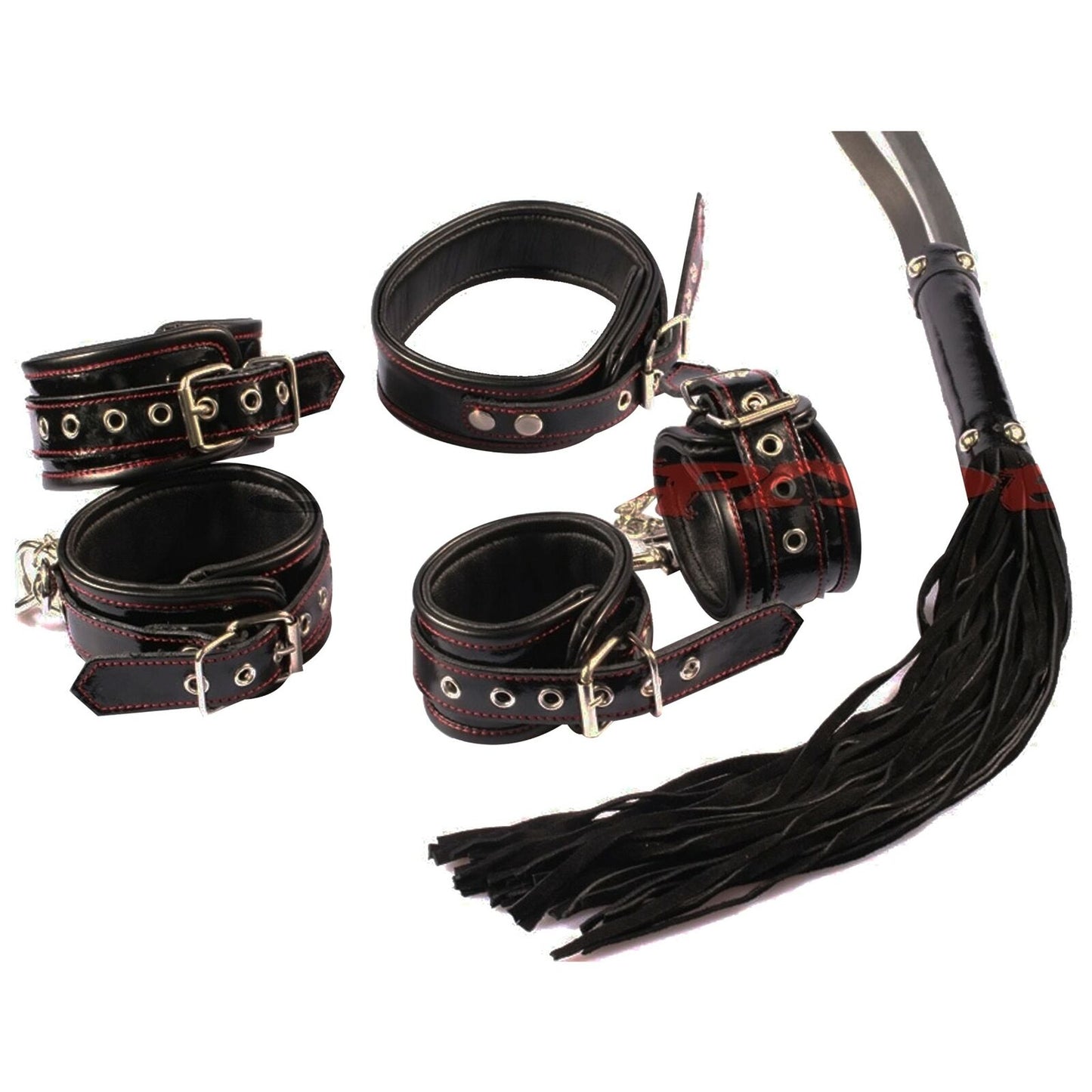 Real Leather Bondage Kit Cuffs Restraints Collar Flogger Bdsm