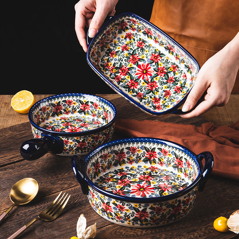 Daisy Floral Ceramic Handle Baking Bowl Tray Kitchen Cookware