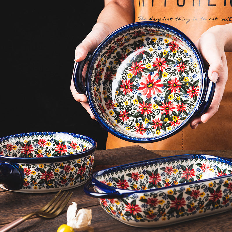 Daisy Floral Ceramic Handle Baking Bowl Tray Kitchen Cookware