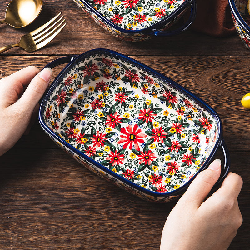 Daisy Floral Ceramic Handle Baking Bowl Tray Kitchen Cookware