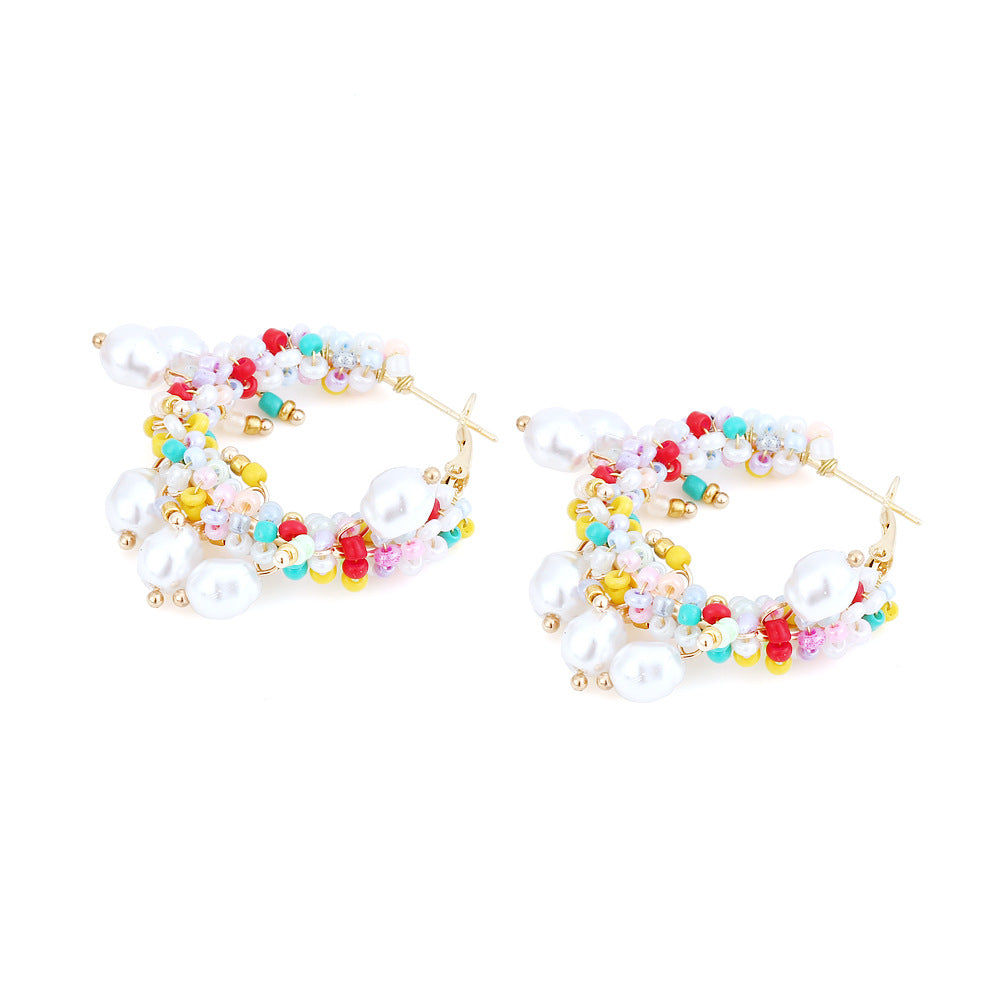 Bohemian Crystal Pearl Beaded Earrings Women Fashion Hoop Jewelry