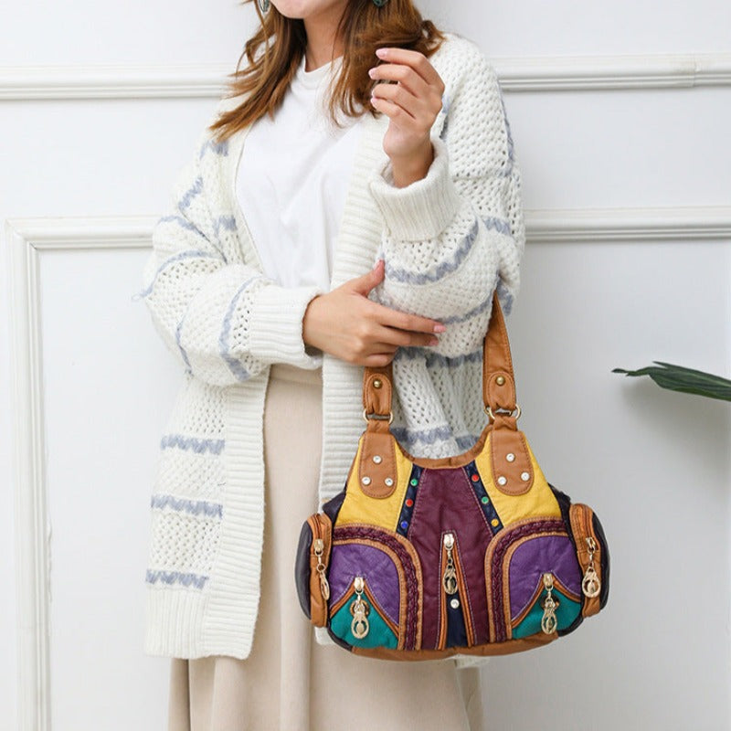 Colored Mosaic Large Capacity Multi-Layer Washed Leather Handbag