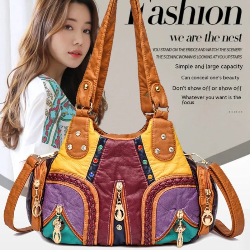 Colored Mosaic Large Capacity Multi-Layer Washed Leather Handbag