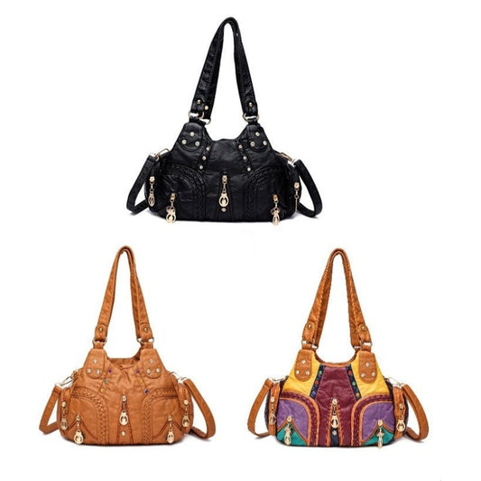 Colored Mosaic Large Capacity Multi-Layer Washed Leather Handbag