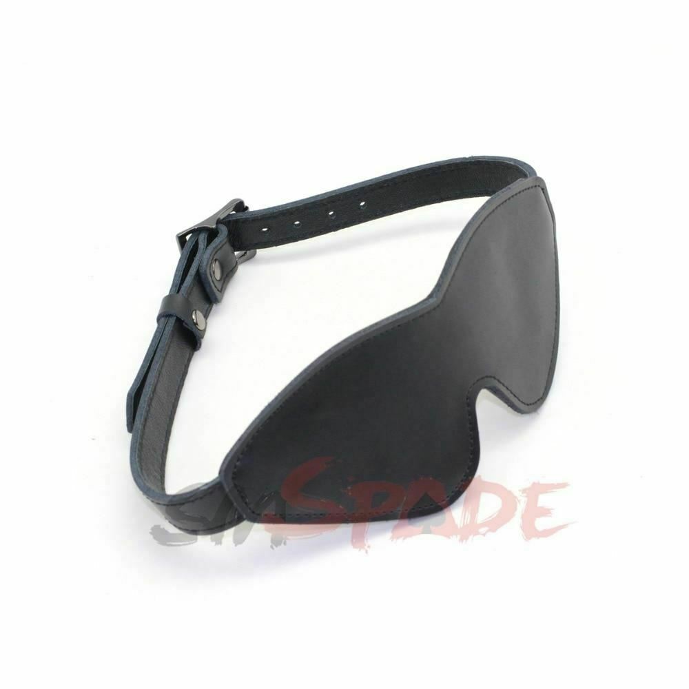 Deluxe Black Leather Blindfold Bondage Eye Mask Restraints Bdsm