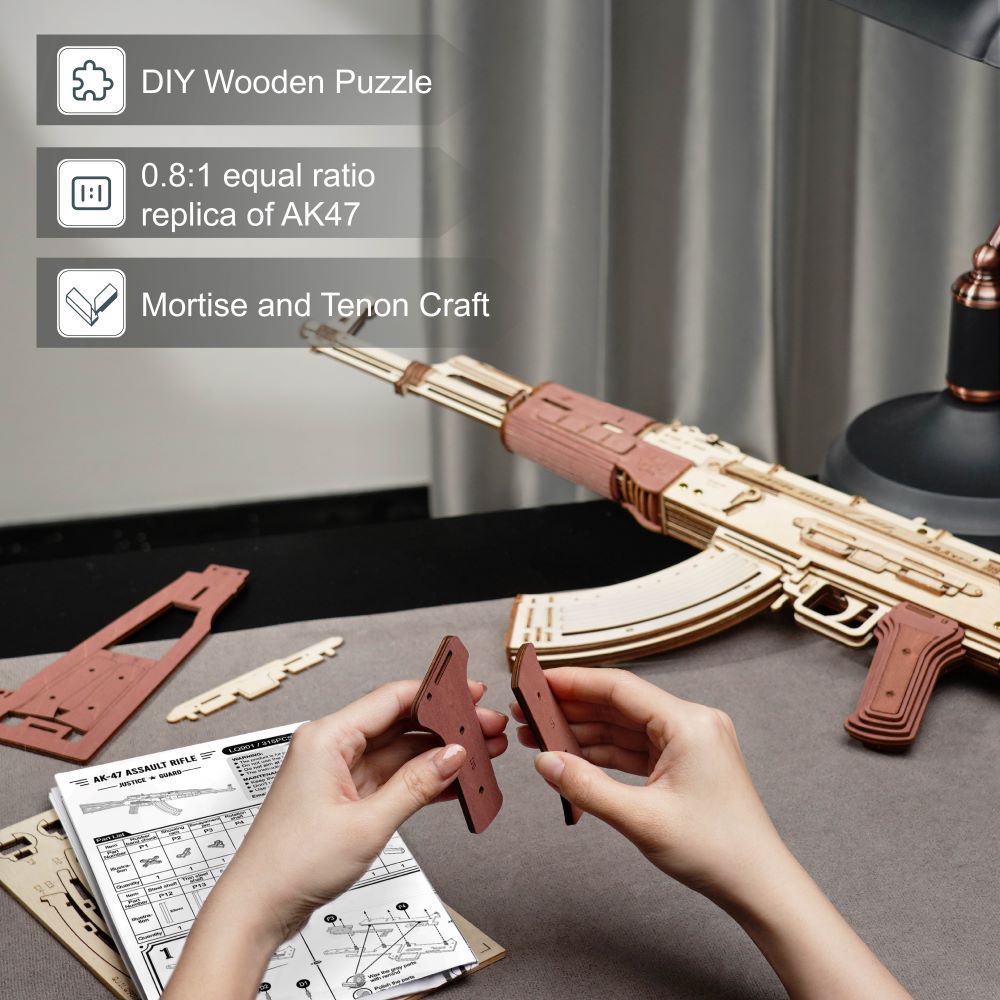 Rokr Automatic Rifle Ak 47 Wooden Assembly Gun Double Firing Modes Diy Toy For Adults Kids
