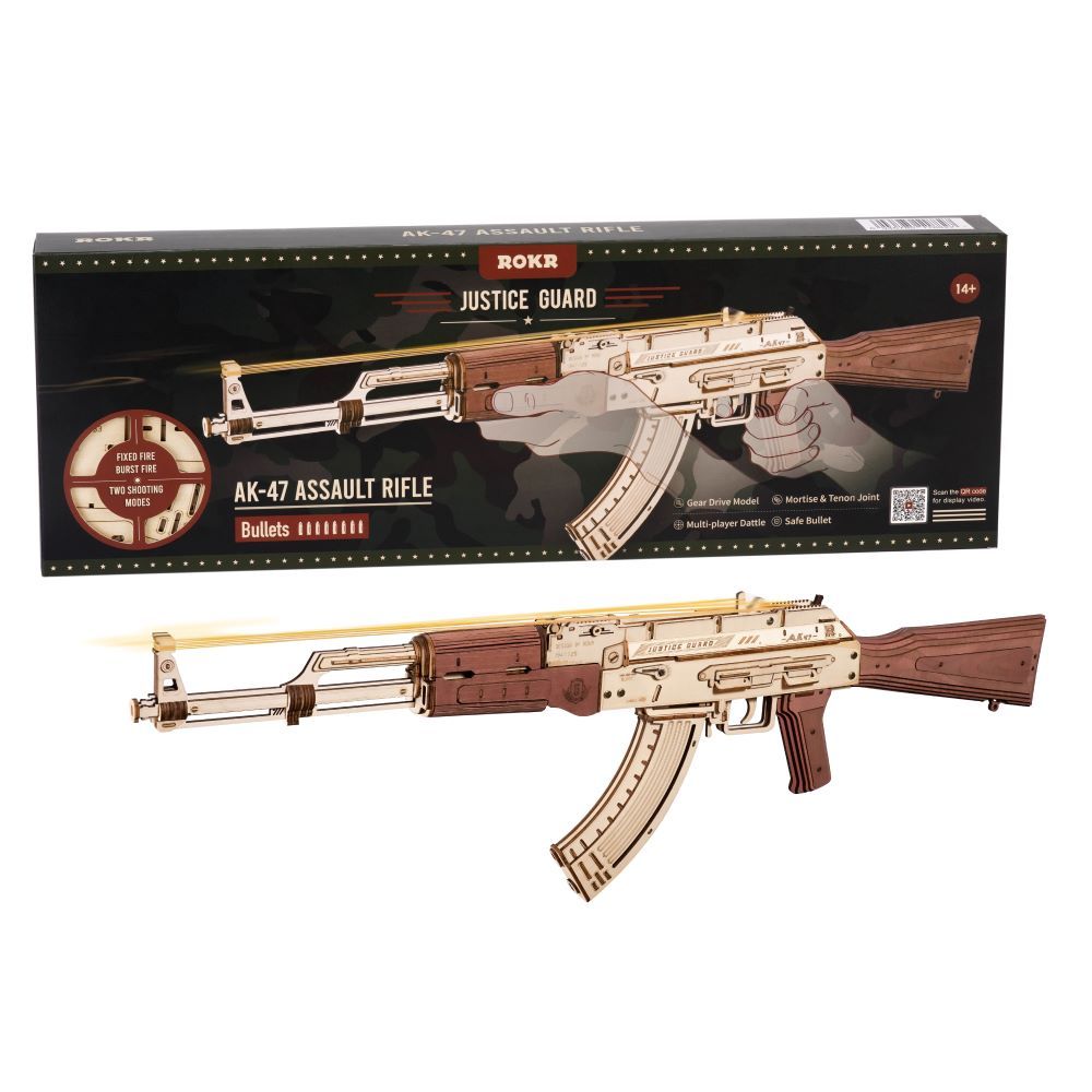 Rokr Automatic Rifle Ak 47 Wooden Assembly Gun Double Firing Modes Diy Toy For Adults Kids