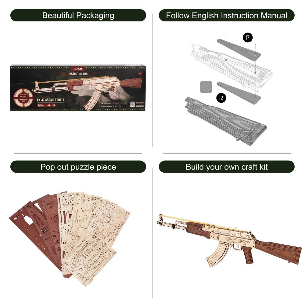 Rokr Automatic Rifle Ak 47 Wooden Assembly Gun Double Firing Modes Diy Toy For Adults Kids
