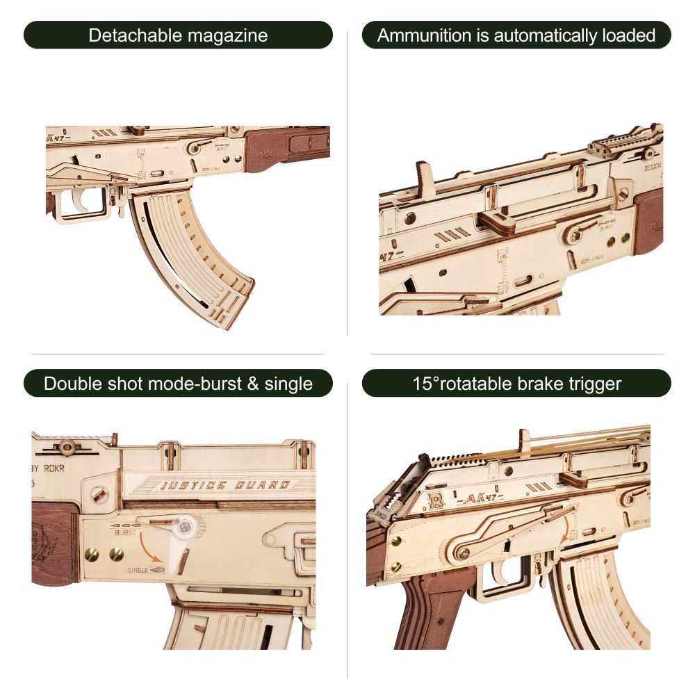 Rokr Automatic Rifle Ak 47 Wooden Assembly Gun Double Firing Modes Diy Toy For Adults Kids