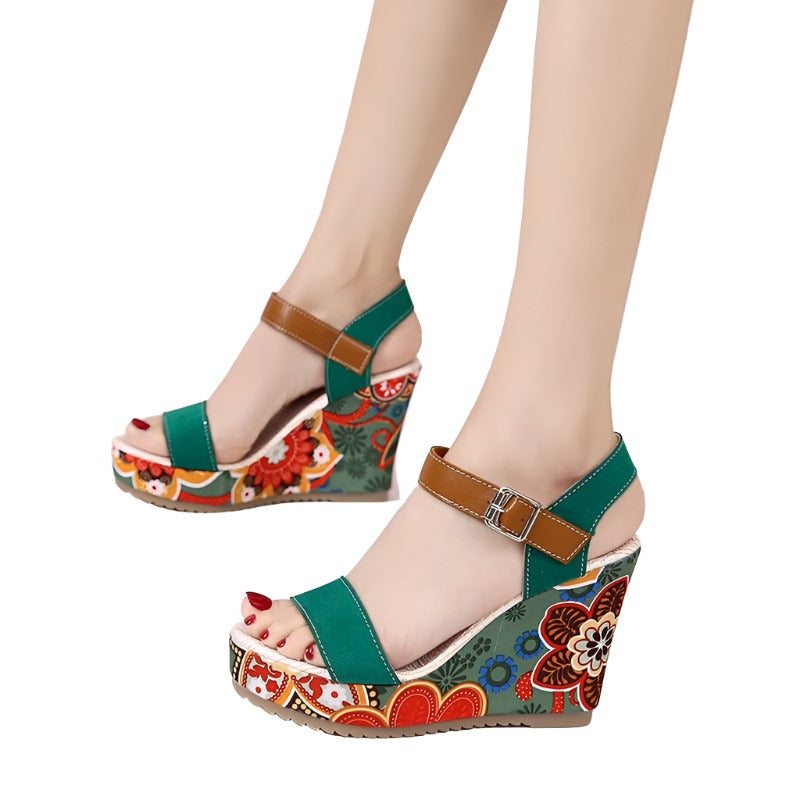 Fashion Flowers Embroidered High Wedge Sandals For Women Summer Toe Platform Buckle Shoes