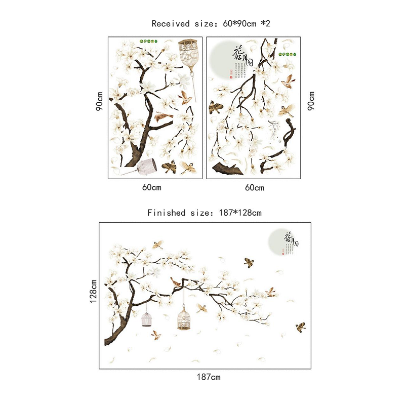 187 X 128Cm Big Size Tree Wall Stickers Birds Flower Bedroom Decor